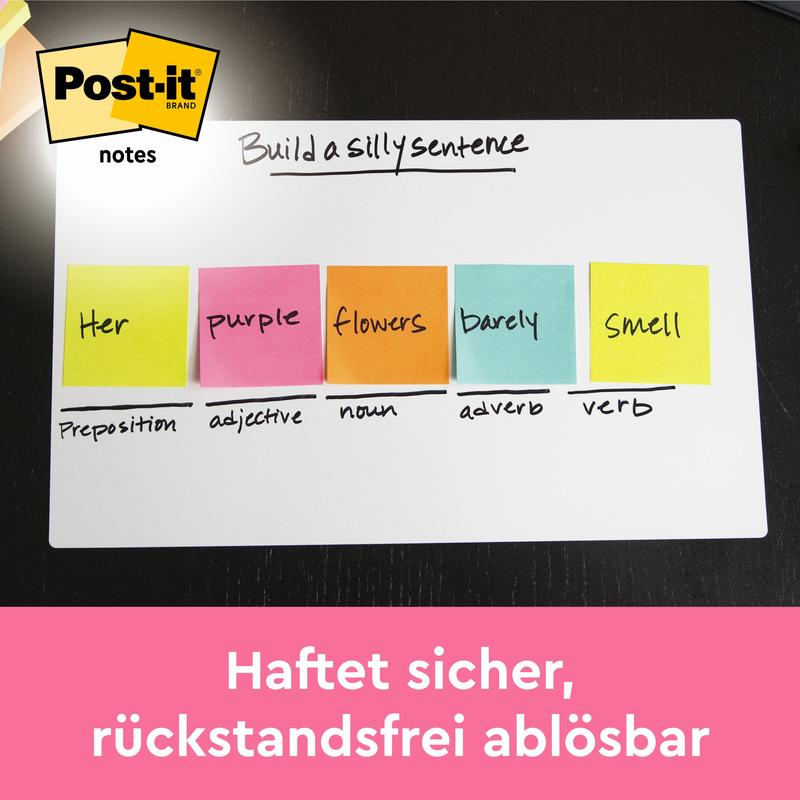 A whiteboard displays 3M Post-it® Notes, Energetic Collection (76 × 127 mm), in five colors, labeled with the PEFC-certified logo and German text below; the product is 100% PEFC, SGSCH-PEFC-COC-110078.