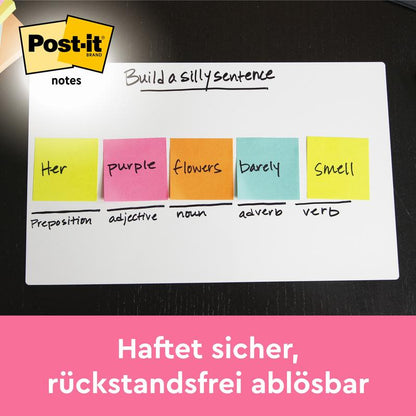 A whiteboard displays 3M Post-it® Notes, Energetic Collection (76 × 127 mm), in five colors, labeled with the PEFC-certified logo and German text below; the product is 100% PEFC, SGSCH-PEFC-COC-110078.