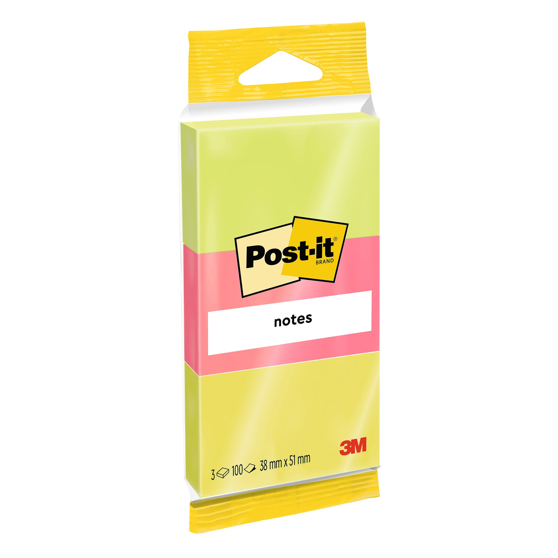 Eine Packung 3M Deutschland GmbH Post-it® Notes in verschiedenen Neonfarben, 38 x 51 mm, 100 Blatt pro Block, 3 Blöcke pro Packung, PEFC-zertifiziert (SGSCH-PEFC-COC-110078), ideal für Notizen und Erinnerungen.
