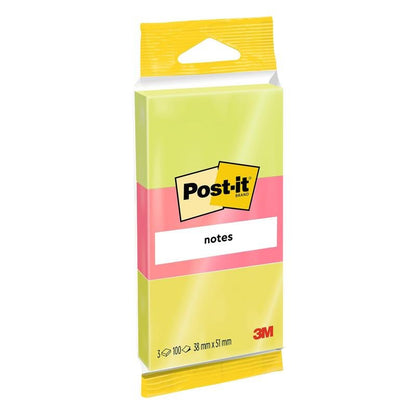 A pack of 3M Deutschland GmbH Post-it® Notes in various neon colors, 38 x 51 mm, 100 sheets per pad, 3 pads per pack, PEFC certified (SGSCH-PEFC-COC-110078), ideal for notes and reminders.