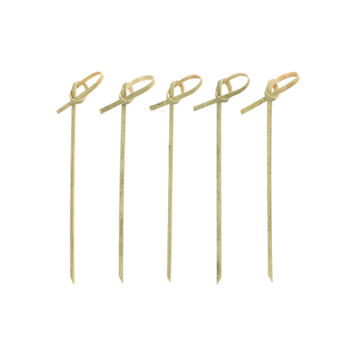 Five PAPSTAR 40 finger food picks "pure" from PAPSTAR GmbH, with knotted loops on the top, are arranged vertically in a row on a white surface.