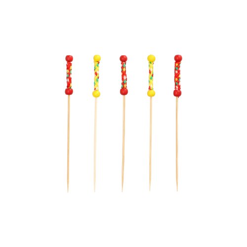 Five PAPSTAR 250 finger food picks from PAPSTAR GmbH made of wood, biodegradable, with colorful beads and decorations in red, yellow, and multicolored accents, arranged vertically against a white background.