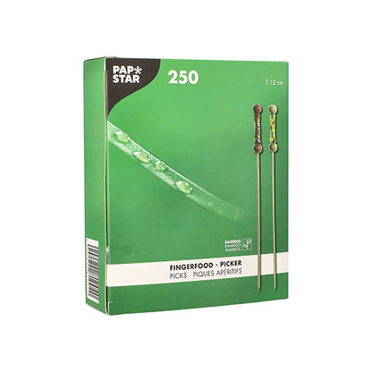 A green box with the label "PAPSTAR 250 finger food picks" from PAPSTAR GmbH contains 12 cm long eco-friendly bamboo skewers, is equipped with two illustrated skewers, and shows multilingual product information on the front.