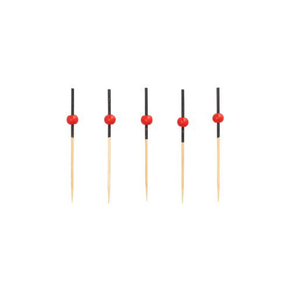 Five PAPSTAR 250 finger food picks from PAPSTAR GmbH, made of wood with black sleeves and red beads, arranged vertically in a row against a white background.