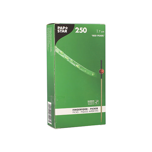 In a green box with the label "PAPSTAR 250 finger food picks" from PAPSTAR GmbH are eco-friendly, biodegradable bamboo skewers with a red bead featuring a bamboo motif, indicating the bamboo material.