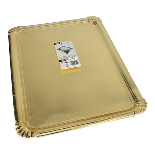 The Starpak 5 serving platters (34 x 45.5 cm) made of gold-colored, PET-coated cardboard have raised edges and rounded corners. Disposable trays with barcode sticker and product label on a white background. Pack of 5 pieces.