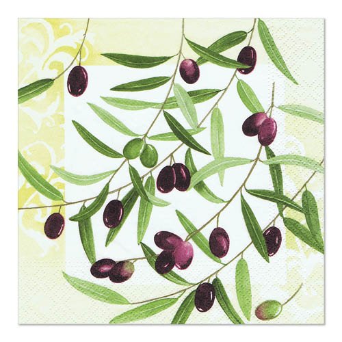 The PAPSTAR GmbH 20 napkins, 33 x 33 cm, 3-ply from the design set 2 feature an olive branch pattern with green leaves and purple olives, as well as a yellow motif on a light background.