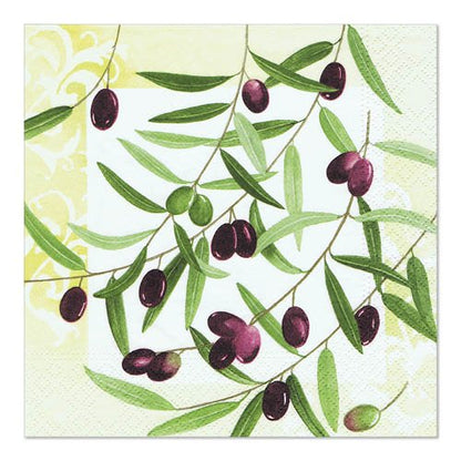 The PAPSTAR GmbH 20 napkins, 33 x 33 cm, 3-ply from the design set 2 feature an olive branch pattern with green leaves and purple olives, as well as a yellow motif on a light background.