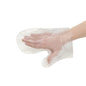 Pictured is a hand wearing a PAPSTAR mitten, transparent gloves for hygienic applications by PAPSTAR GmbH, against a white background.