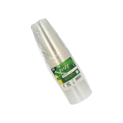 A pack of 25 PAPSTAR cold drink cups "pure" made of biodegradable PLA, crystal clear with foam rim, in transparent packaging with green brand label from PAPSTAR GmbH.
