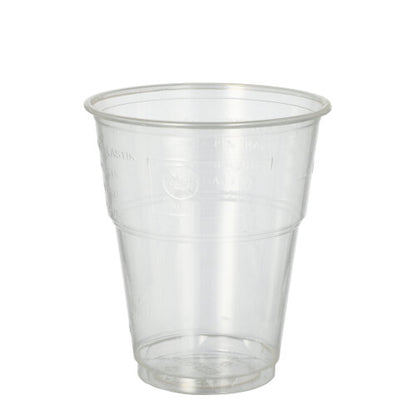 A PAPSTAR 25 cold drink cup, PLA "pure" crystal clear with foam rim from PAPSTAR GmbH made of biodegradable plastic stands upright on a plain white background.