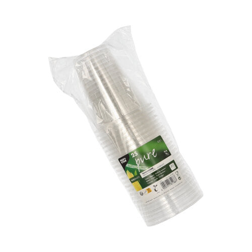 A sealed plastic packaging contains 25 PAPSTAR "pure" clear PLA cold drink cups with foam rim, standing upright with a green-white label with product details of PAPSTAR GmbH on a plain white background.