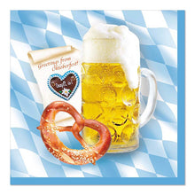 Ein Glas Bier mit Schaum, eine Salzbrezel, ein verzierter Lebkuchen und 100 PAPSTAR Servietten, 3-lagig 1/4-Falz 33 cm x 33 cm von der PAPSTAR GmbH liegen auf „Grüße vom Oktoberfest!“-Papier auf blau-weißem Rautengrund.
