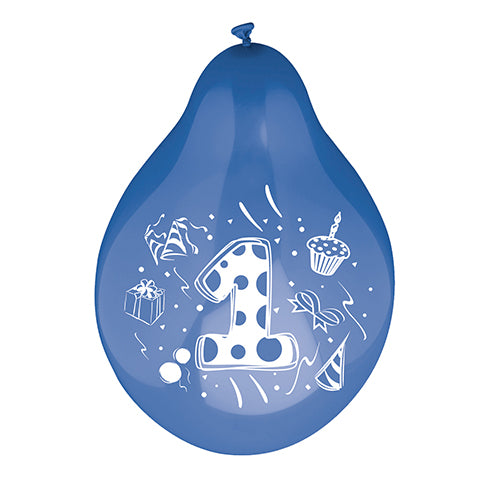 A number balloon (Ø 25 cm, colorfully assorted) from PAPSTAR GmbH features a large white number one in the center, accented by colorful images of a gift, a cupcake, a party hat, confetti, and ribbons.