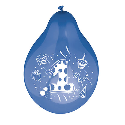 A number balloon (Ø 25 cm, colorfully assorted) from PAPSTAR GmbH features a large white number one in the center, accented by colorful images of a gift, a cupcake, a party hat, confetti, and ribbons.