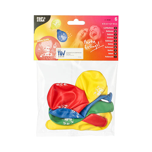 The package from PAPSTAR GmbH contains six colorfully assorted number balloons (Ø 25 cm) in the colors red, yellow, blue, and green. The transparent packaging bears the PAPSTAR branding, product details, and the image of two smiling people.