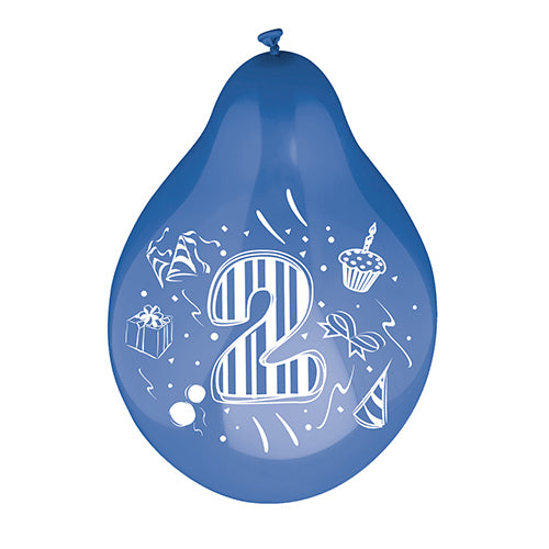 A number balloon from PAPSTAR GmbH (Ø 25 cm, colorfully assorted) with a large white number “2” and colorful illustrations of a cupcake, party hat, gift box, and confetti.