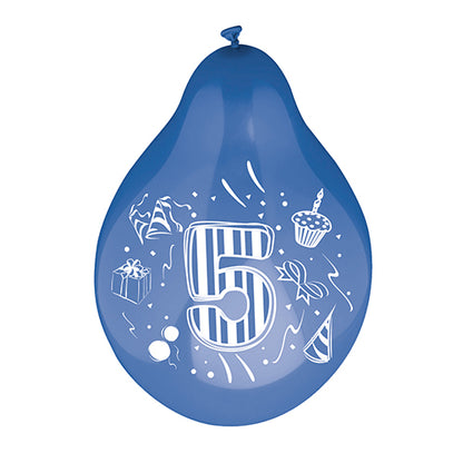 A PAPSTAR 6 number balloons Ø 25 cm color assorted balloon from PAPSTAR GmbH shows a large striped number 5, surrounded by drawings of a gift box, a party hat, a cupcake with a candle, confetti, and small shapes.