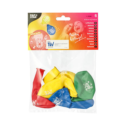A transparent packaging contains six number balloons (Ø 25 cm) from PAPSTAR GmbH, color assorted in red, yellow, green, and blue. The packaging is adorned with festive graphics, text, the brand name PAPSTAR, and a TÜV Saar certification.