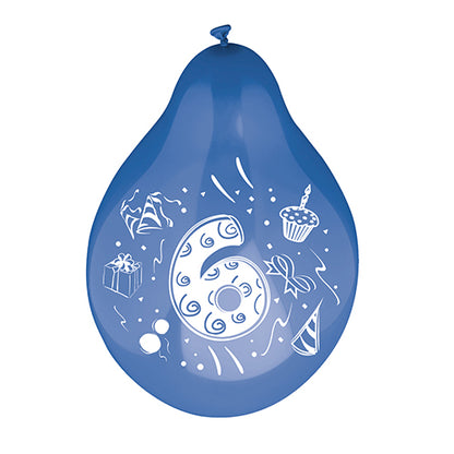 The number balloon (Ø 25 cm, color assorted) from PAPSTAR GmbH consists of a large white six with festive motifs like a gift box, a party hat, a cupcake with a candle, and streamers.