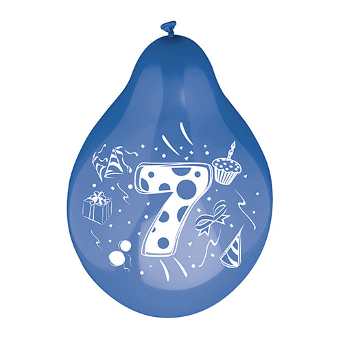 The PAPSTAR 6 number balloons Ø 25 cm color assorted from PAPSTAR GmbH include colorful number balloons with white cupcake, gift box, confetti, bow, and party hat motifs.