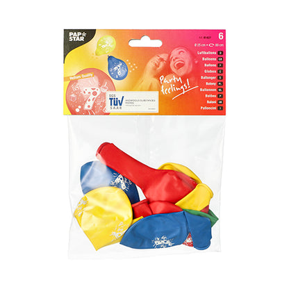 A transparent bag from PAPSTAR GmbH contains six color assorted number balloons (Ø 25 cm) with printed motifs. The packaging shows product details and a picture of two smiling people with balloons in the background.