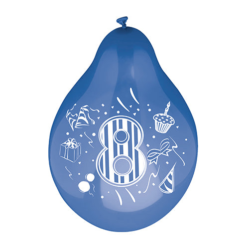 A colorful PAPSTAR number balloon with a large 8 (Ø 25 cm), color assorted from PAPSTAR GmbH – ideal for the 8th birthday party, complemented by images of a gift, cupcakes, party hat, and confetti!