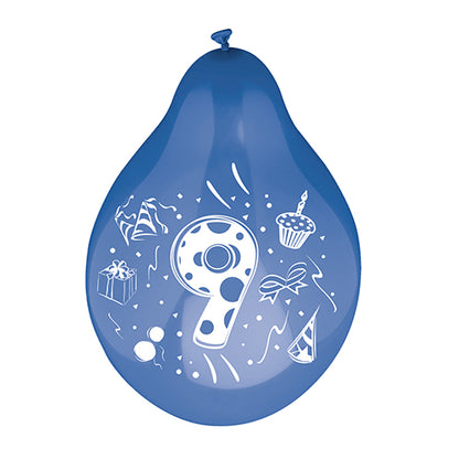 A number balloon (set of 6, Ø 25 cm, color assorted) from PAPSTAR GmbH with the white number 9, surrounded by images of a gift, a party hat, a birthday cake, a candle cupcake, a bow, and confetti.