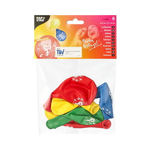 A transparent plastic packaging from PAPSTAR GmbH contains six color assorted number balloons (Ø 25 cm) under a colorful “PAPSTAR” label with party graphics, indicating medium quality. The colors available are red, yellow, green, and blue.