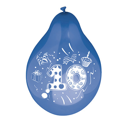 A number balloon from PAPSTAR GmbH (Ø 25 cm, colorfully assorted) with white “10”, gift box, party hat, cupcake, and confetti – ideal for the 10th birthday or anniversary celebrations.