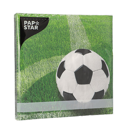 PAPSTAR GmbH 20 Servietten, 33x33 cm, 3-lagig, 1/4-Falz Design Set 4: schwarz-weißer Fußball auf grünem Rasen mit weißer Feldlinie.