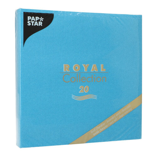 A blue square package from PAPSTAR GmbH with the inscription "20 napkins ROYAL Collection 1/4-fold 40x40 cm" contains 20 napkins, ideal for table decoration, shrink-wrapped in clear plastic.