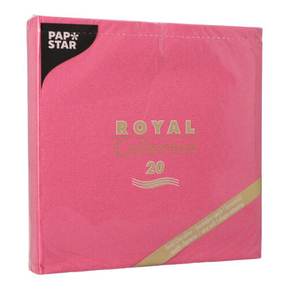 A pack of PAPSTAR 20 napkins "ROYAL Collection" 1/4-fold (40x40 cm) from PAPSTAR GmbH in pink with golden and white lettering - ideal for chic table decorations.