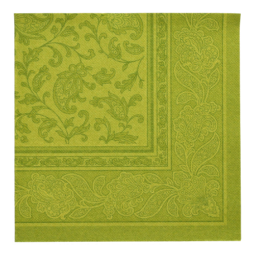 Green square napkin from the PAPSTAR 20 Napkins "ROYAL Collection" (40 x 40 cm, 1/4-fold) by PAPSTAR GmbH with elegant paisley and leaf border - ideal for stylish table decoration.