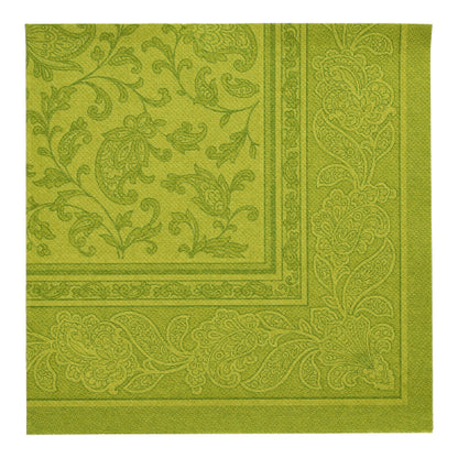 Green square napkin from the PAPSTAR 20 Napkins "ROYAL Collection" (40 x 40 cm, 1/4-fold) by PAPSTAR GmbH with elegant paisley and leaf border - ideal for stylish table decoration.