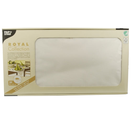 A beige box from PAPSTAR GmbH with the label “ROYAL Collection” contains 20 white tissue table runners (80 x 80 cm), partially visible through a front window on the packaging.
