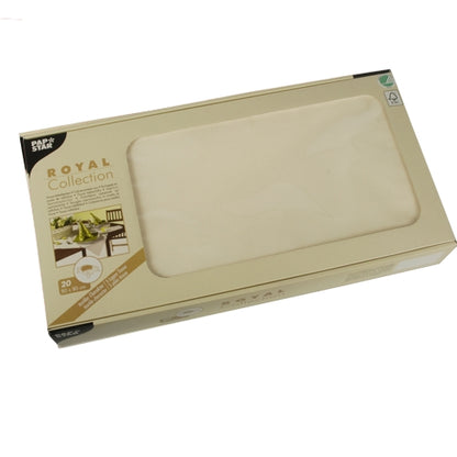 A beige rectangular box with the label “PAPSTAR 20 table runners, tissue ‘ROYAL Collection’ 80x80 cm” from PAPSTAR GmbH, with a transparent window through which the napkins and product details printed on the packaging are visible.