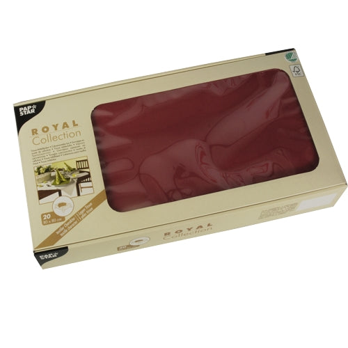 A beige rectangular box with the label "PAPSTAR 20 table runners, tissue ROYAL Collection" from PAPSTAR GmbH presents red napkins through a transparent window at the top, ideal for table decoration. The packaging contains 20 napkins in the format 80 x 80 cm.