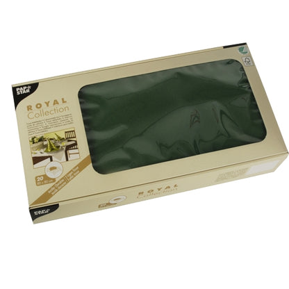 A rectangular beige PAPSTAR-box with the label “ROYAL Collection” contains 20 dark green silk table runners (80x80 cm), visible through a clear window at the top right, ideal for table decoration.