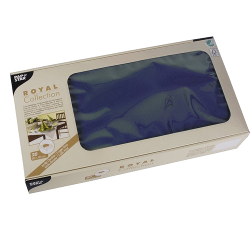 The beige box from PAPSTAR GmbH with the label “ROYAL Collection” contains 20 blue tissue table runners for table decoration in the format 80x80 cm, with a transparent window and table setting motifs on the packaging.