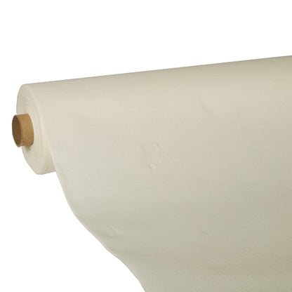 A large roll of cream-colored tablecloth 'ROYAL Collection' by PAPSTAR GmbH, partially unrolled to show the smooth texture and high-quality tissue, is wrapped around a brown cardboard tube.