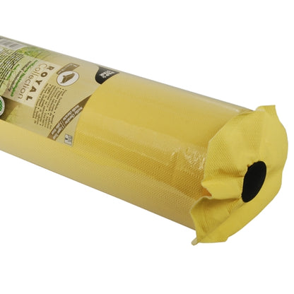 A close-up of a yellow PAPSTAR tablecloth, tissue "ROYAL Collection" from PAPSTAR GmbH, wrapped in plastic, with the label visible and part of the black hollow core exposed at one end.