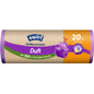 A roll of Melitta Swirl scented garbage bags Vanilla-Lavender 20l (12 bags), tear-resistant & leak-proof, in brown-purple packaging with lavender graphics and German product details, made from 100% recycled plastic.