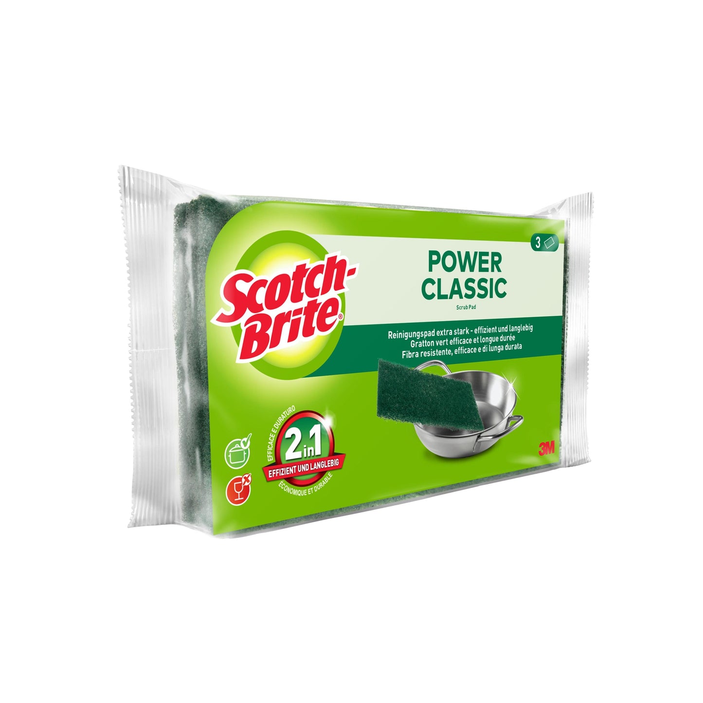 Ein 3er-Pack Scotch-Brite® Classic Scheuerpads von 3M Deutschland GmbH, mit grünen Scheuerlappen und grün-weißer Verpackung - ideal für die Reinigung verschiedener Oberflächen.
