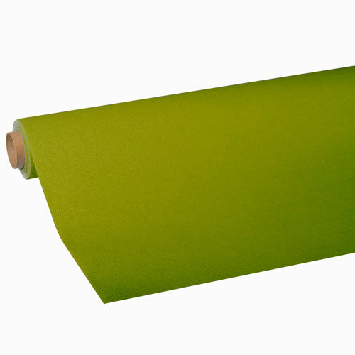 A roll of green tablecloth from the Tissue Collection "ROYAL" of PAPSTAR GmbH is partially unrolled on a white background. The high-quality tissue fabric appears smooth and evenly colored.
