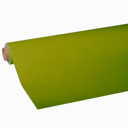 A roll of green tablecloth from the Tissue Collection "ROYAL" of PAPSTAR GmbH is partially unrolled on a white background. The high-quality tissue fabric appears smooth and evenly colored.