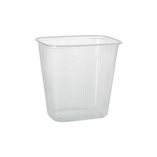The Starpak 100 packaging cup, PP square transparent, is a 250 ml clear, rectangular container with slightly rounded edges and vertical grooves - perfect for storing food. Pictured here on a white background.
