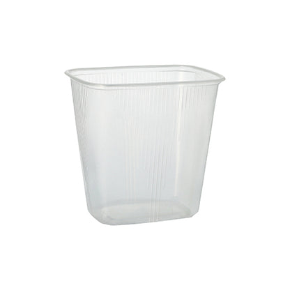 The Starpak 100 packaging cup, PP square transparent, is a 250 ml clear, rectangular container with slightly rounded edges and vertical grooves - perfect for storing food. Pictured here on a white background.