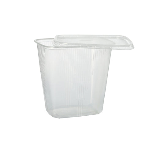 The Starpak 100 packaging cup is a clear, rectangular 250 ml food container made of PP with a matching lid, shown slightly open on a plain white background. Ideal for food storage.
