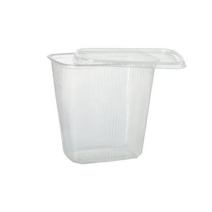 The Starpak 100 packaging cup is a clear, rectangular 250 ml food container made of PP with a matching lid, shown slightly open on a plain white background. Ideal for food storage.